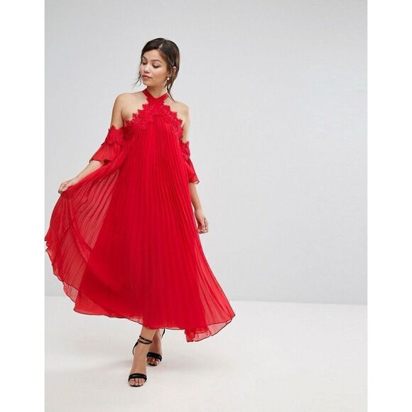 True Decadence Women’s Red Tallulah Pleated Swing Dress Crochet Lace Cold Should - Picture 16 of 16